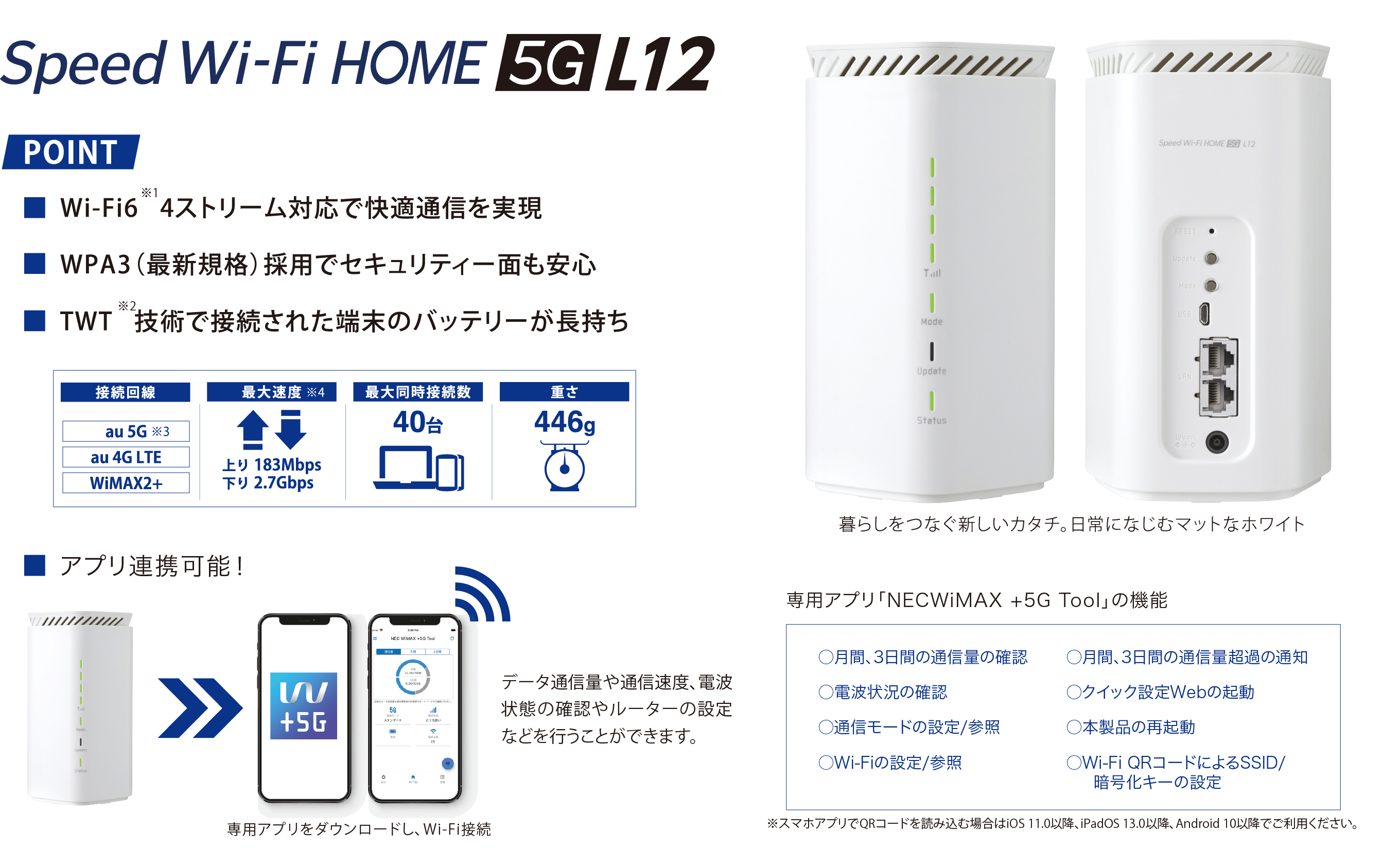 
          Speed Wi-Fi HOME 5G L12。
          ポイント：
          ・Wi-Fi6※1、4ストリーム対応で快適通信を実現
          ・WPA3（最新規格）採用でセキュリティー面も安心
          ・TWT※2、技術で接続された端末のバッテリーが長持ち

          接続回線：au 5G※3、au 4G LTE、WiMAX2+。
          最大速度※4：上り183Mbps、下り2.7Gbps。
          最大同時接続数：40台。
          重さ：446グラム。

          エックスワイマックス端末の画像が表示されています。
          暮らしをつなぐ新しいカタチ。日常になじむマットなホワイト。

          ・アプリ連携可能！
          エックスワイマックス端末とスマートフォンの専用アプリの画像が表示されています。
          データ通信量や通信速度、電波状態の確認やルーターの設定などを行うことができます。
          専用アプリをダウンロードし、Wi-Fi接続。

          専用アプリ「ネックワイマックス+5Gツール」の機能：
          ・月間、3日間の通信量を確認　・月間、3日間の通信量超過の通知
          ・電波状態の確認　・クイック設定Webの起動
          ・通信モードの設定／参照　・本製品の再起動
          ・Wi-Fiの設定／参照　・Wi-Fi QRコードによるSSID／暗号化キーの設定
          ※スマホアプリでQRコードを読み込む場合はiOS 11.0以降、iPadOS 13.0以降、Android 10以降でご利用ください。
        