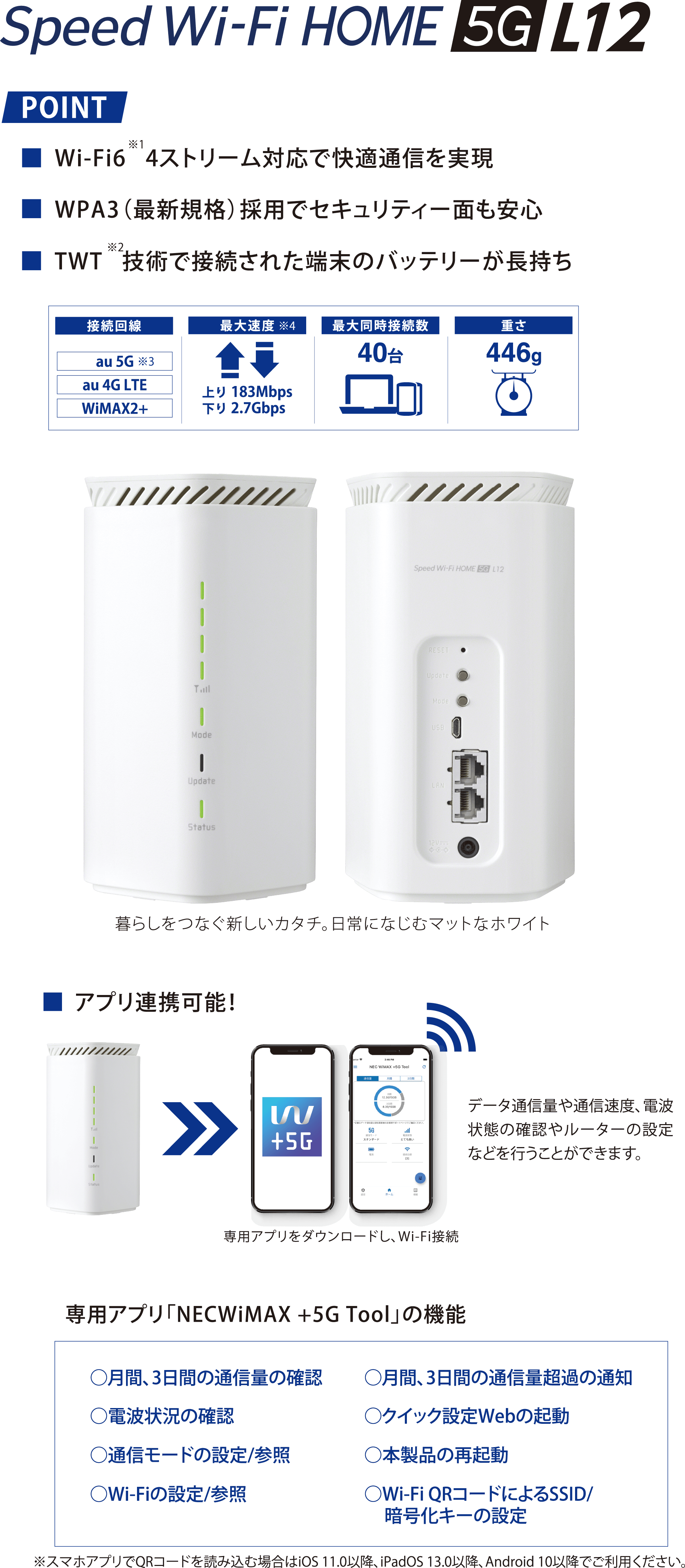 
          Speed Wi-Fi HOME 5G L12。
          ポイント：
          ・Wi-Fi6※1、4ストリーム対応で快適通信を実現
          ・WPA3（最新規格）採用でセキュリティー面も安心
          ・TWT※2、技術で接続された端末のバッテリーが長持ち

          接続回線：au 5G※3、au 4G LTE、WiMAX2+。
          最大速度※4：上り183Mbps、下り2.7Gbps。
          最大同時接続数：40台。
          重さ：446グラム。

          エックスワイマックス端末の画像が表示されています。
          暮らしをつなぐ新しいカタチ。日常になじむマットなホワイト。

          ・アプリ連携可能！
          エックスワイマックス端末とスマートフォンの専用アプリの画像が表示されています。
          データ通信量や通信速度、電波状態の確認やルーターの設定などを行うことができます。
          専用アプリをダウンロードし、Wi-Fi接続。

          専用アプリ「ネックワイマックス+5Gツール」の機能：
          ・月間、3日間の通信量を確認　・月間、3日間の通信量超過の通知
          ・電波状態の確認　・クイック設定Webの起動
          ・通信モードの設定／参照　・本製品の再起動
          ・Wi-Fiの設定／参照　・Wi-Fi QRコードによるSSID／暗号化キーの設定
          ※スマホアプリでQRコードを読み込む場合はiOS 11.0以降、iPadOS 13.0以降、Android 10以降でご利用ください。
        